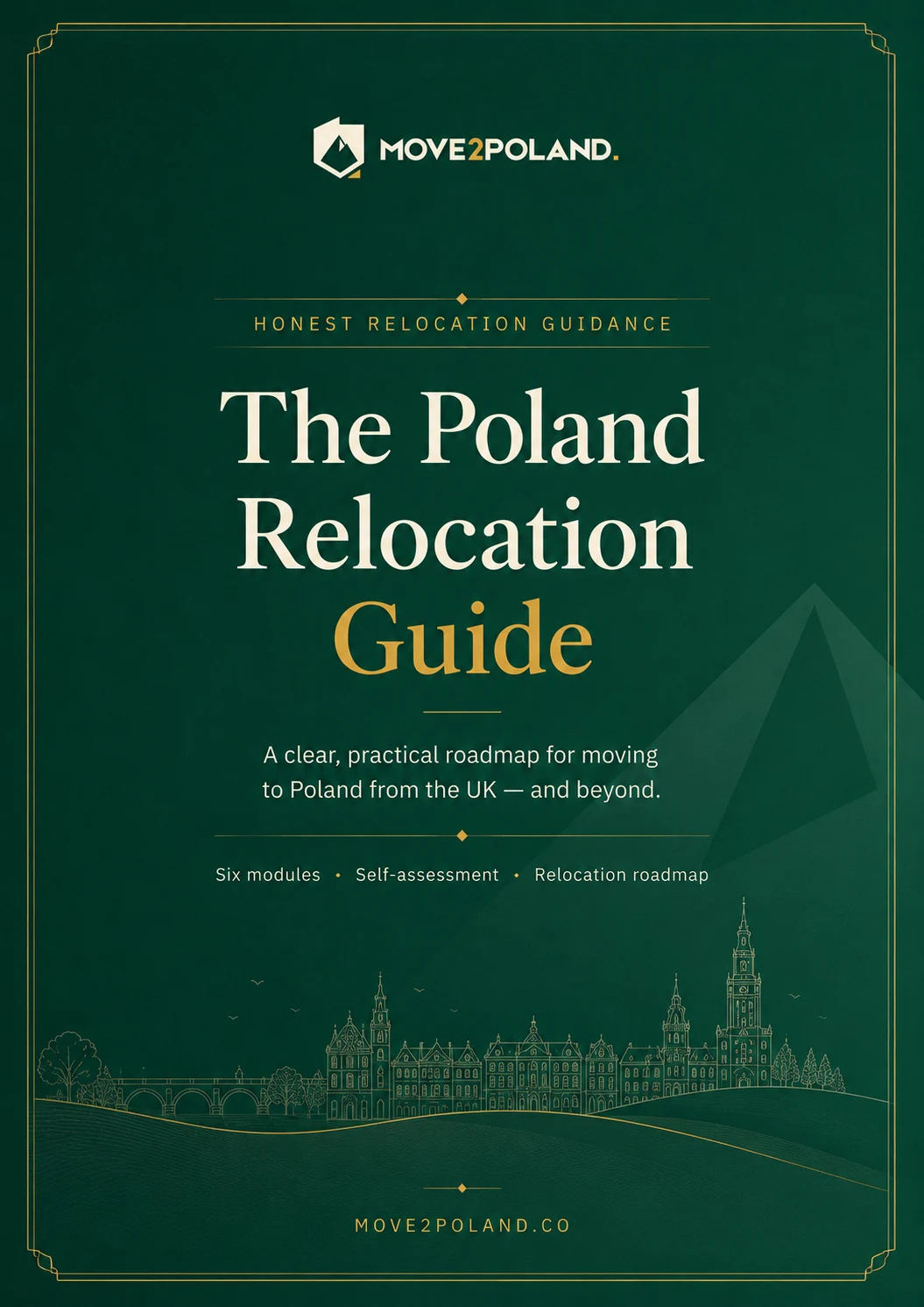 Cover of The Poland Relocation Guide — deep green with gold accents, the Move2Poland logo, serif title and a gold city-skyline illustration.