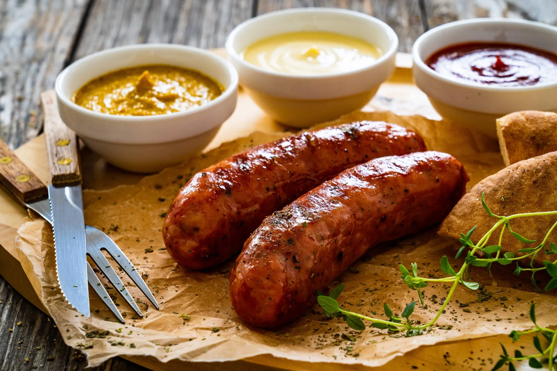 Traditional grilled Polish kiełbasa served with mustard, horseradish and ketchup