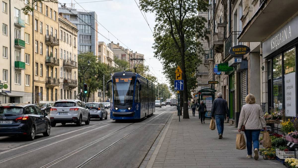 A lived-in Polish city street with tram tracks, apartment blocks, trees, small shops and people carrying groceries.