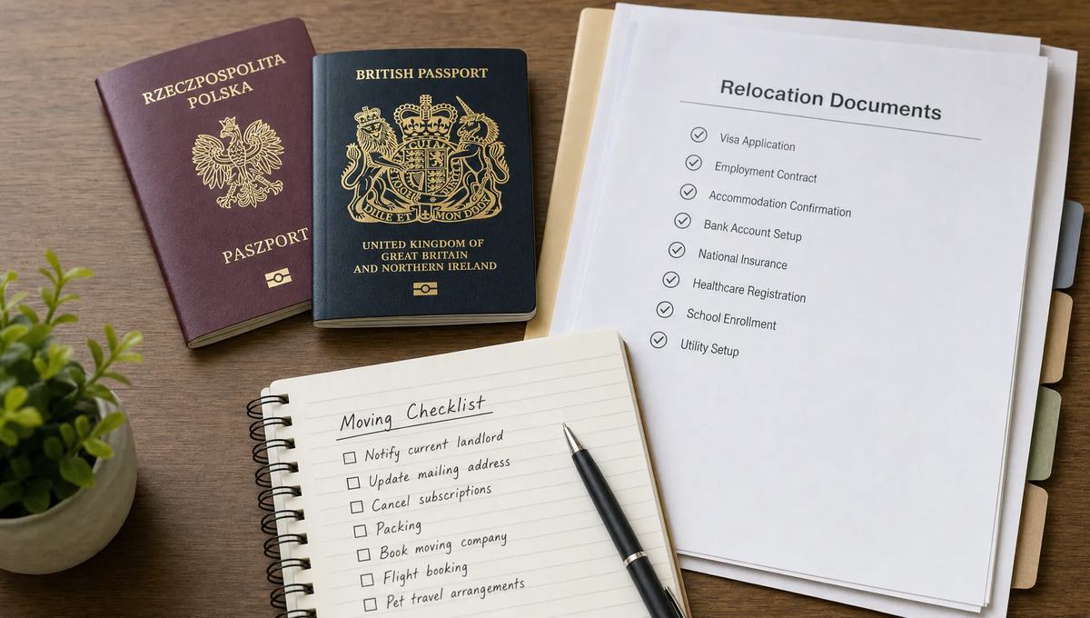 A Polish passport, a British passport and relocation papers sit on a table beside a checklist notebook.