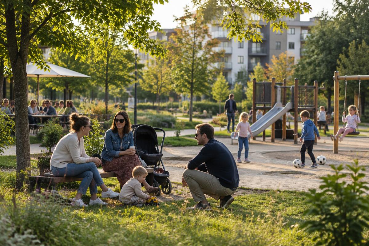 Parents and children spending time in a leafy Polish neighbourhood park