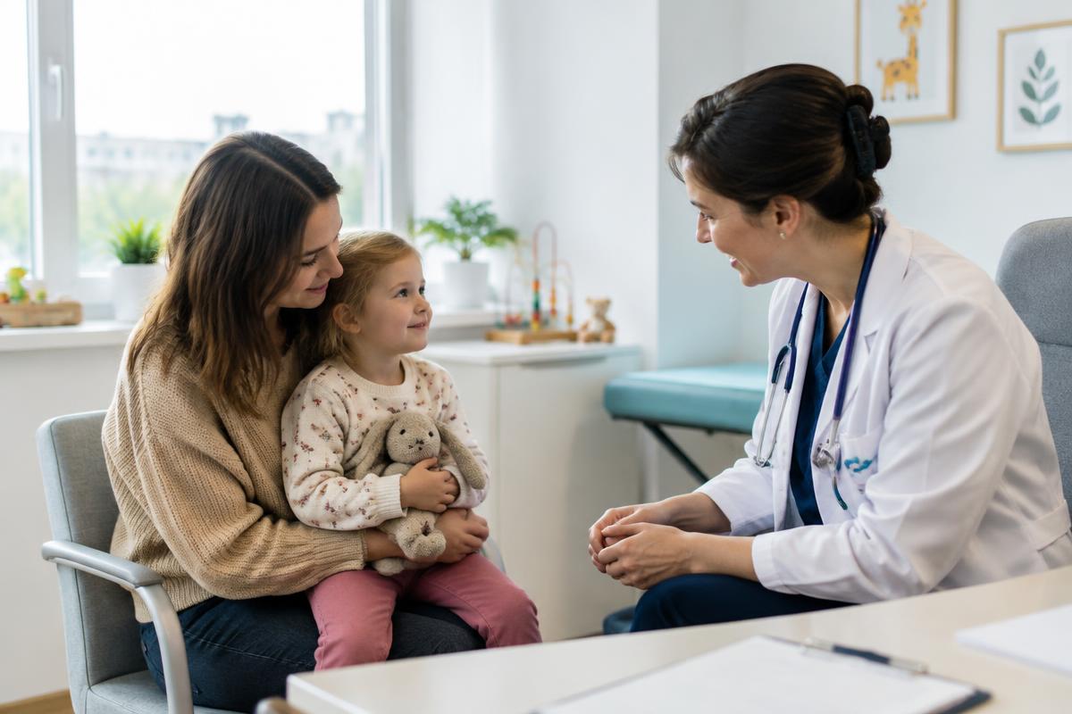 Parent and child speaking with a doctor in a modern paediatric clinic