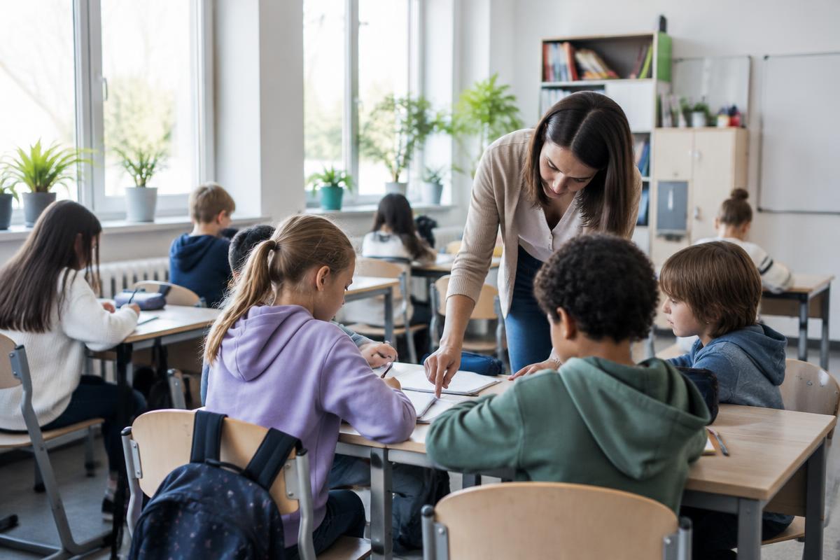 Teacher helping children in a contemporary Polish classroom